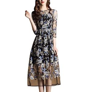 Metisu Sheer Mesh Floral Embroidered Midi Dress